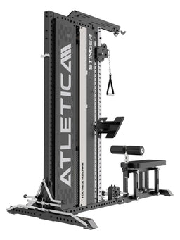 Stinger Functional Cable Tower with Cable Pulley, barbell holder, padded rollers and seat bench
