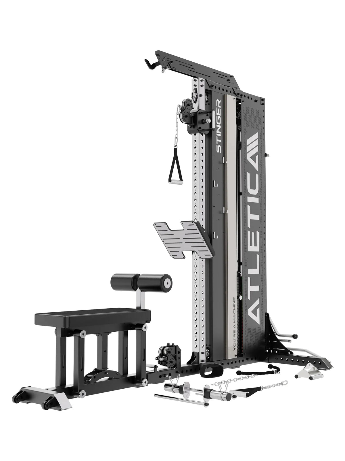 Stinger Functional Cable Tower with adjustable bench, roller pad and training handles