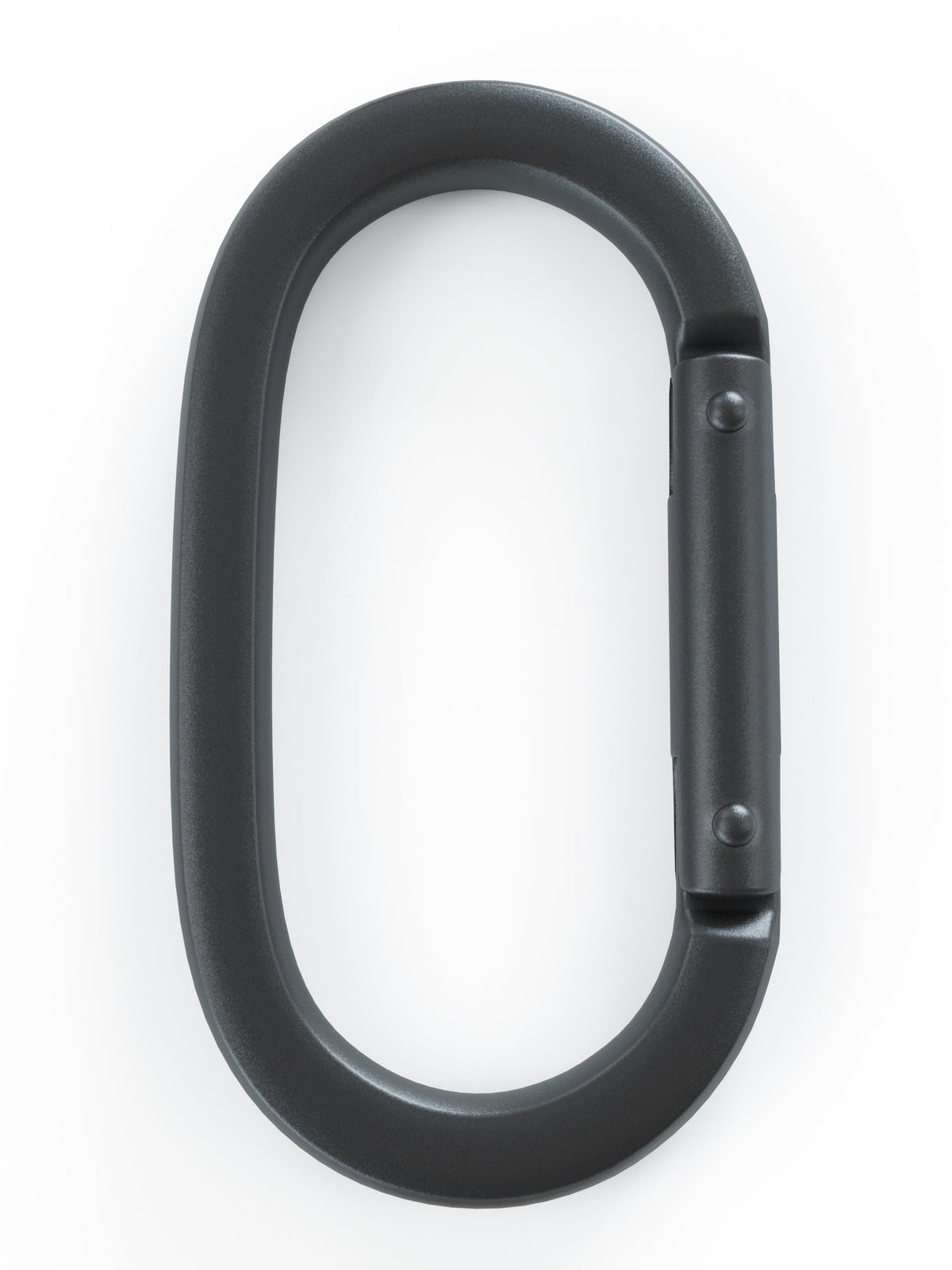 Carabiner hook black in oval front view with snap lock and two visible rivets
