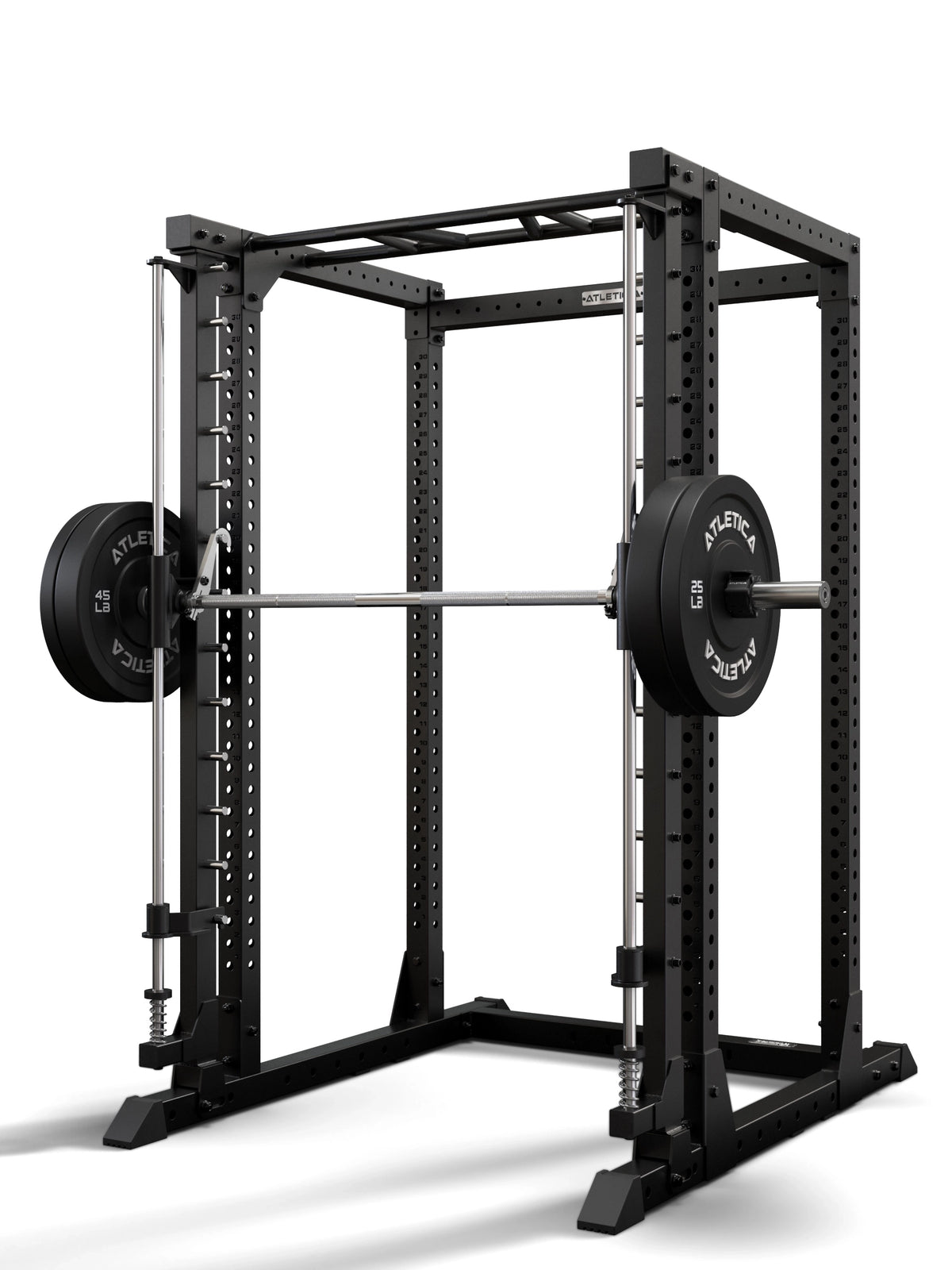 Atletica R7 Smith machine attachment installed in a black R7 power rack with loaded bar