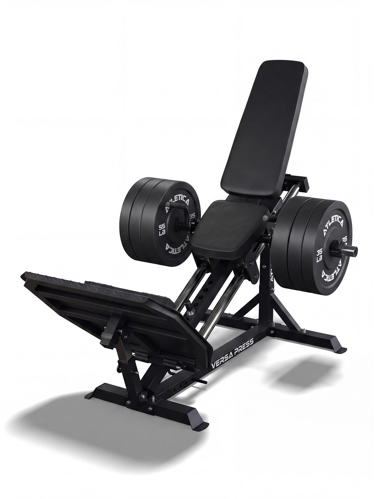 VERSA Leg Press with weight plates, adjustable backrest, logo on foot plate