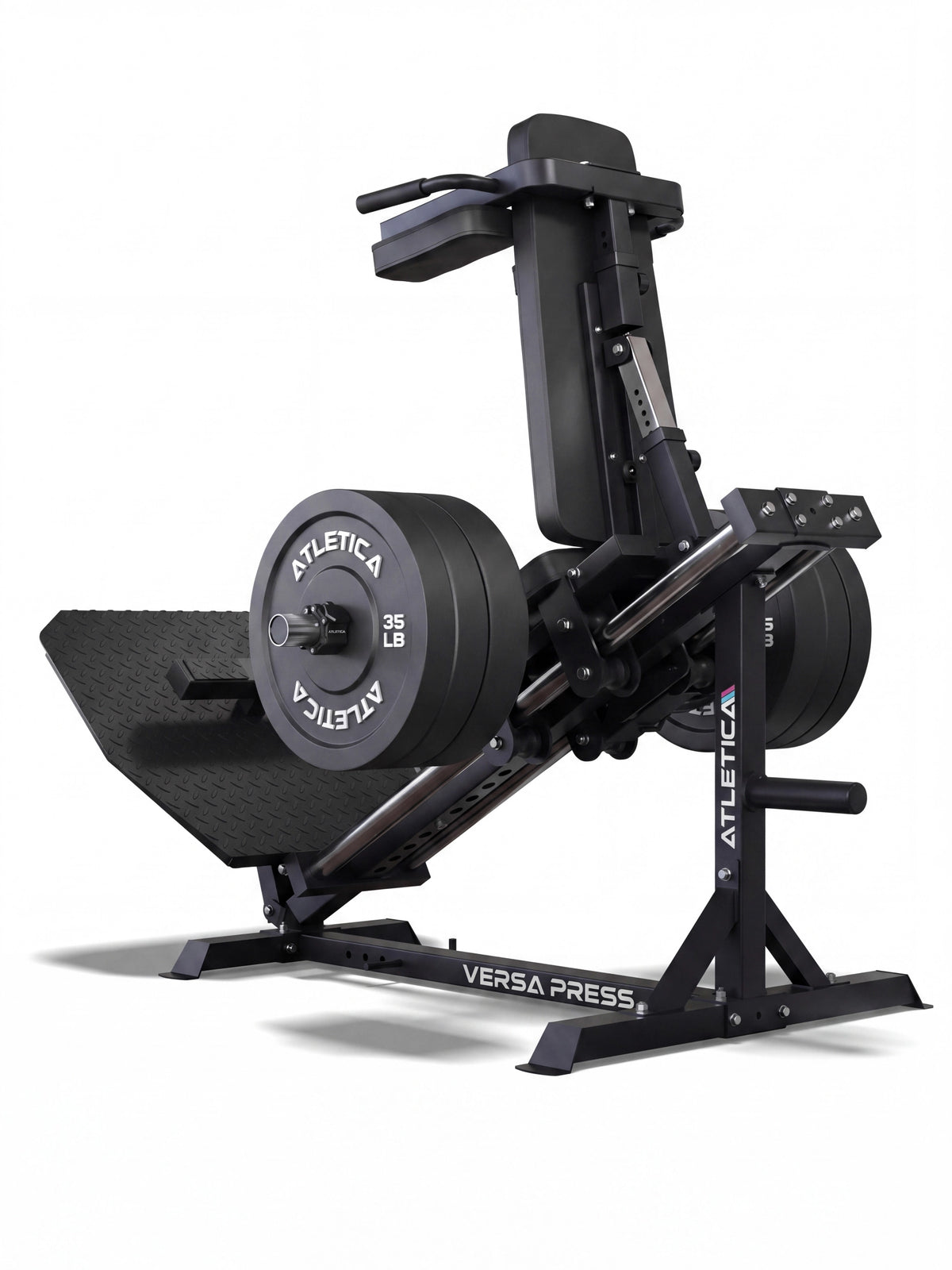 VERSA Leg Press with weight plates, foot plate, backrest, handles, logo on frame