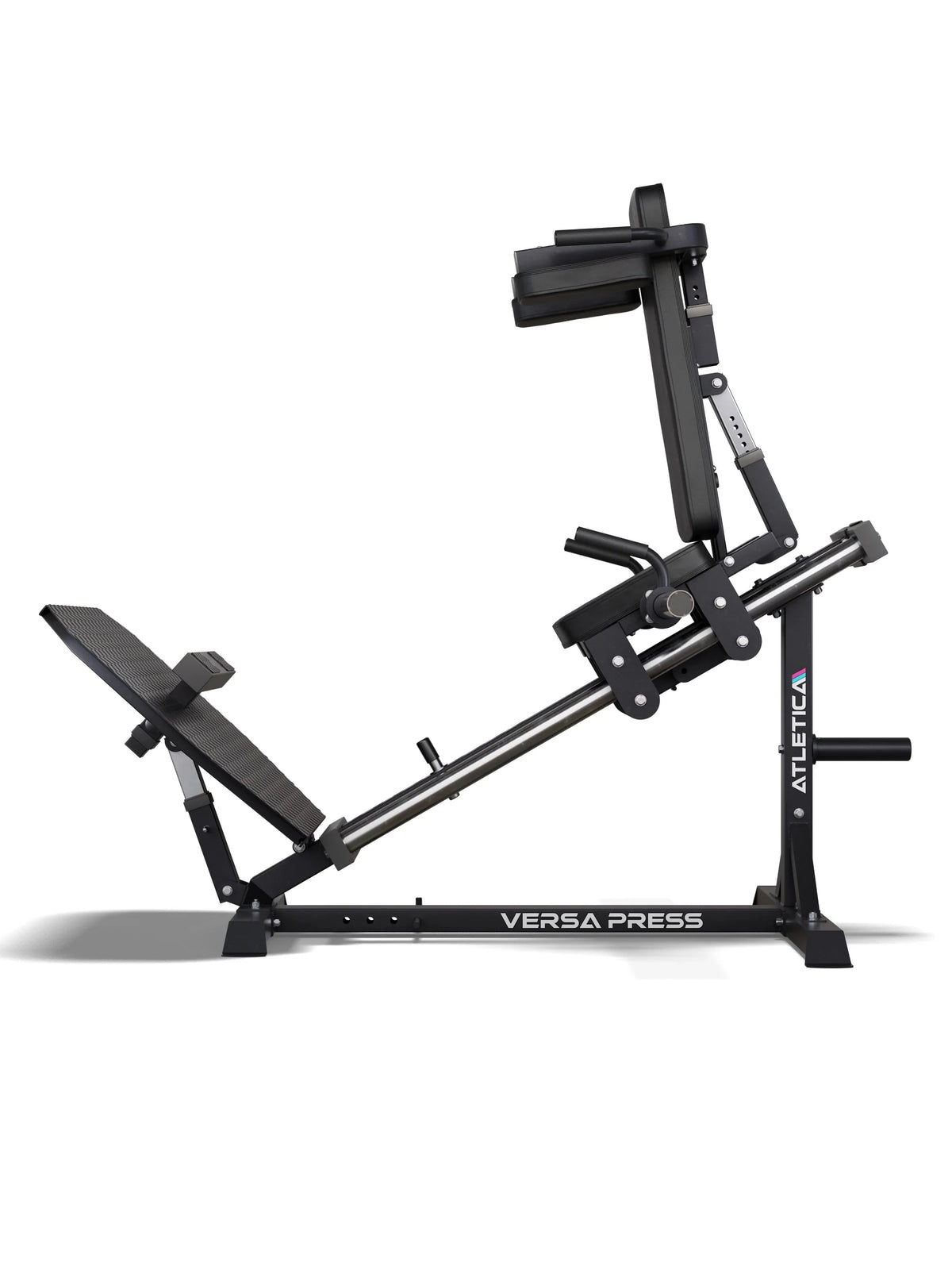 VERSA Hack Squat Leg Press with inclined backrest, foot plate, padded rollers