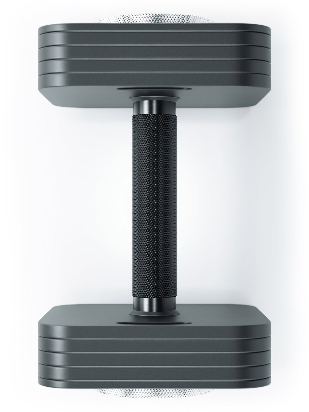 QUAD Adjustable Barbell 45 lb close-up with black knurled handle and stacked weight plates
