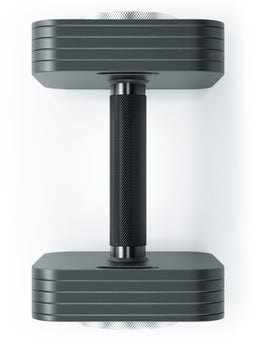 QUAD Adjustable Barbell 45 lb close-up with black knurled handle and stacked weight plates