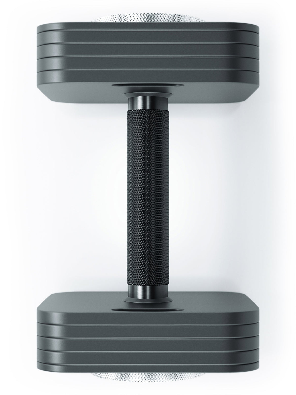 QUAD Adjustable Barbell 45 lb close-up with black knurled handle and stacked weight plates
