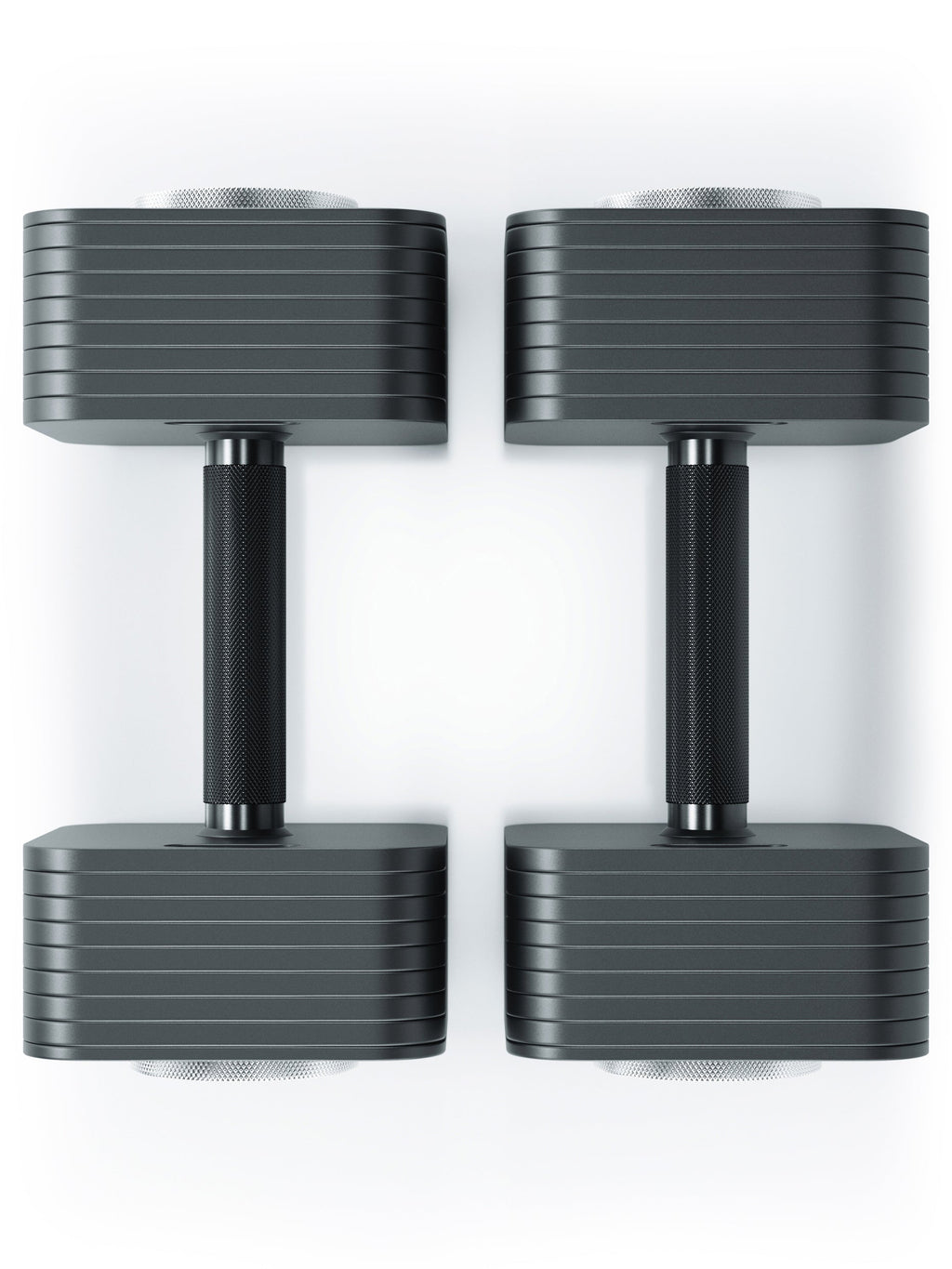 QUAD - two Adjustable Dumbbells, black handles, stacked weight plates