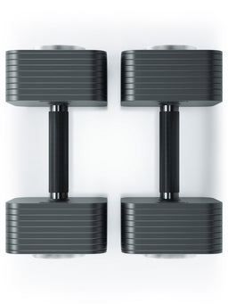 QUAD - two Adjustable Dumbbells, black handles, stacked weight plates