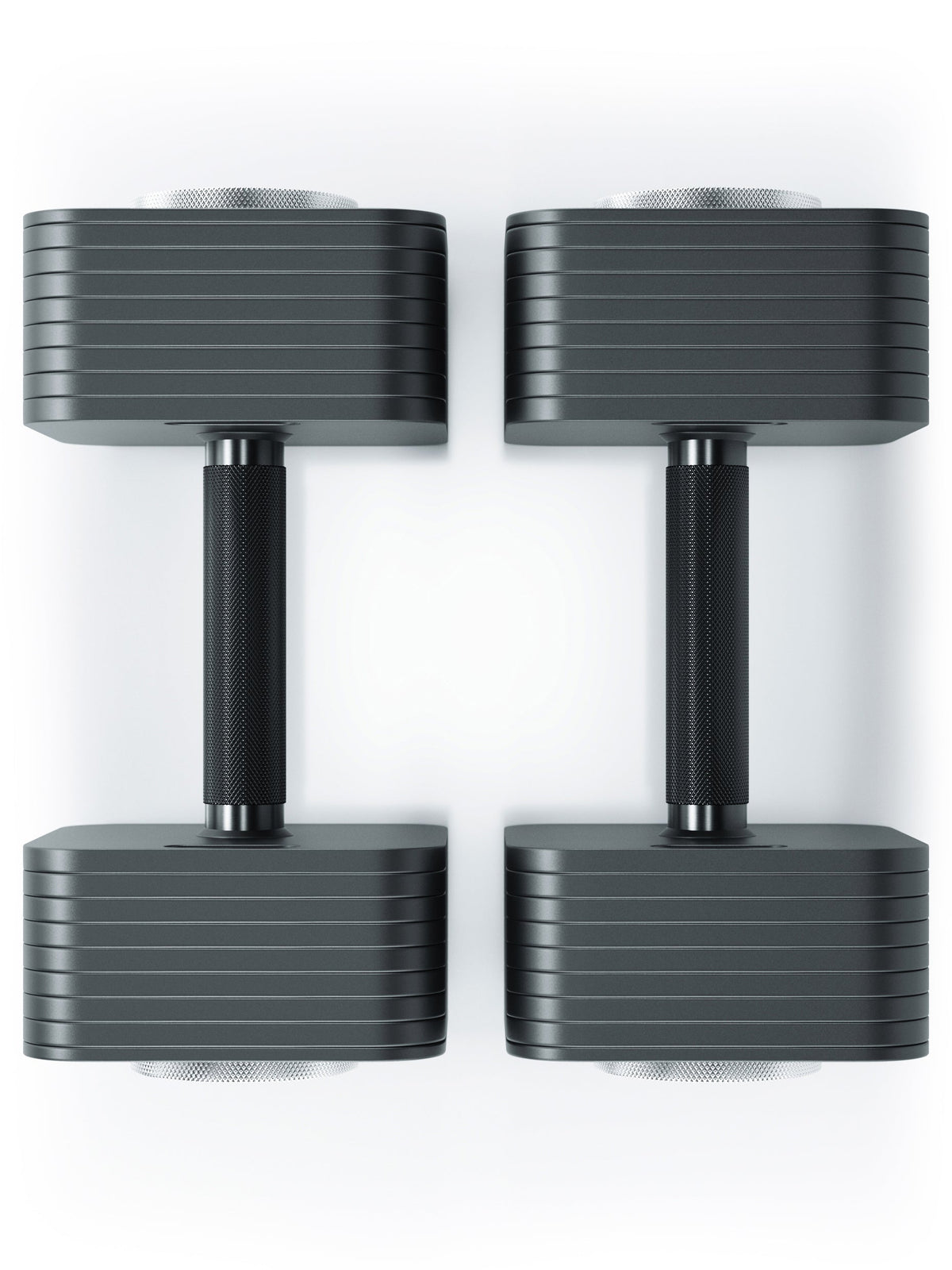 QUAD - two Adjustable Dumbbells, black handles, stacked weight plates