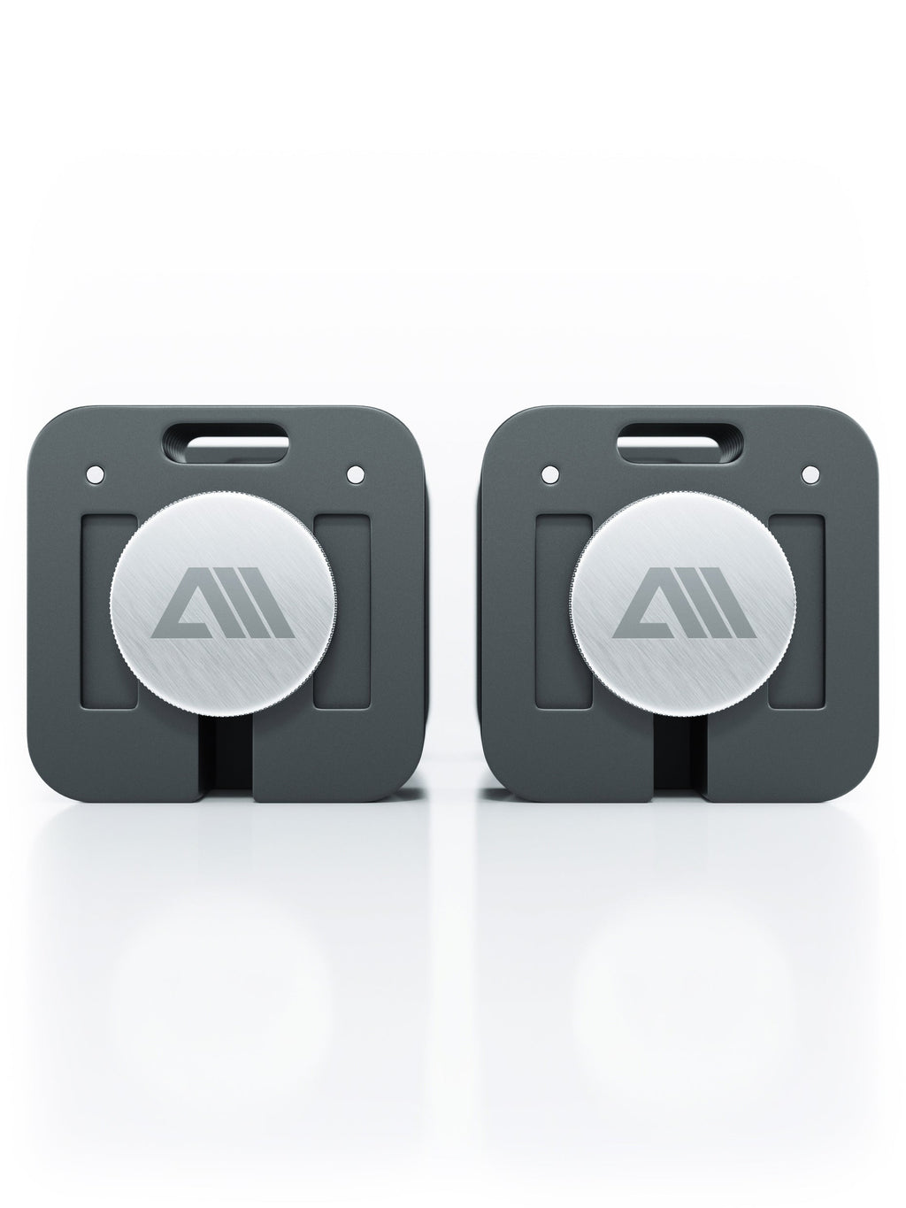 QUAD - two adjustable dumbbells, gray base, silver plates, central logo