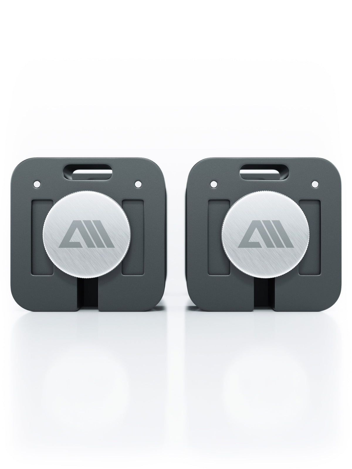 QUAD - two adjustable dumbbells, gray base, silver plates, central logo