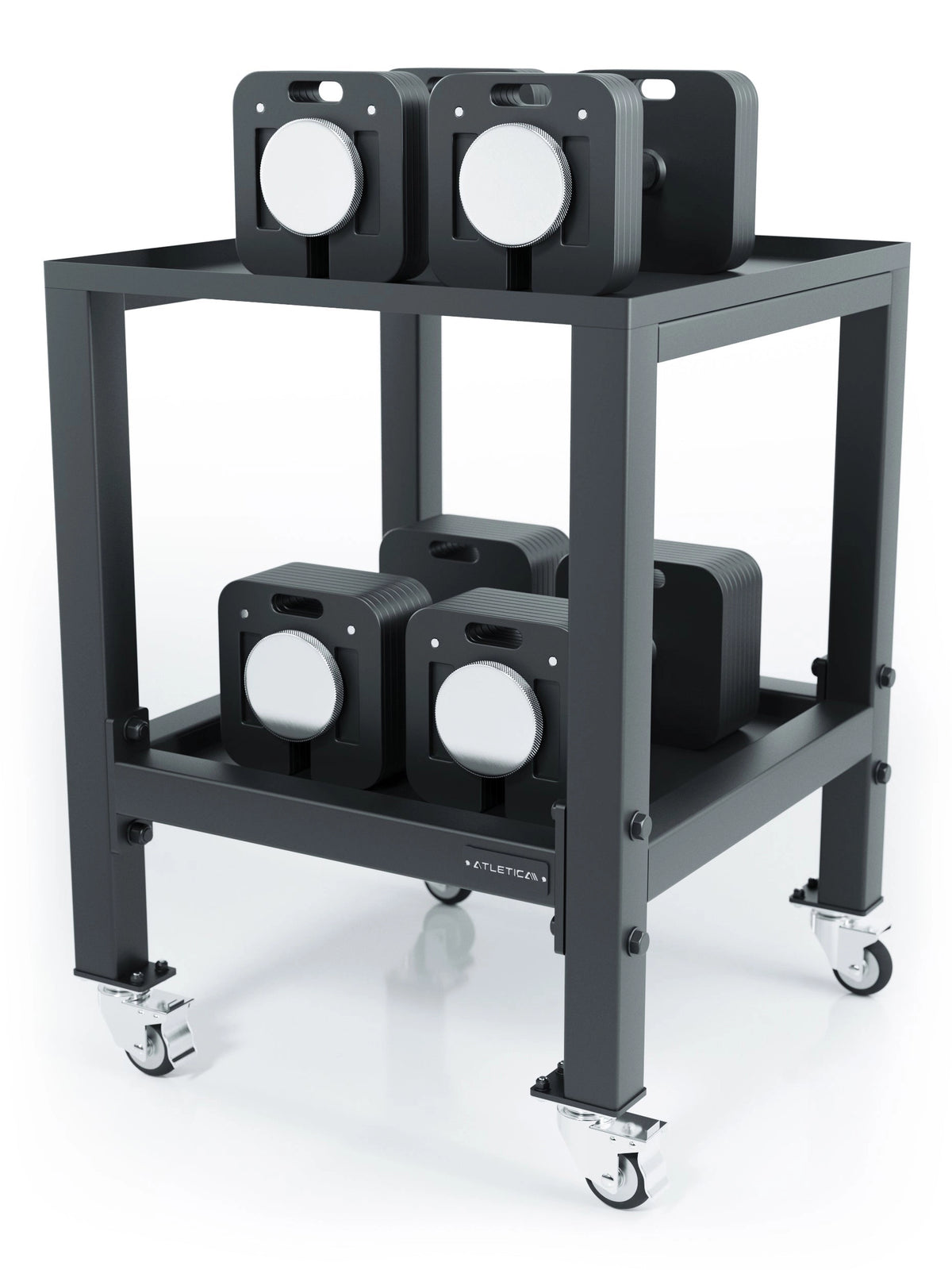 Atletica QUAD Dumbbell Rack with four dumbbells, two tiers, transport wheels