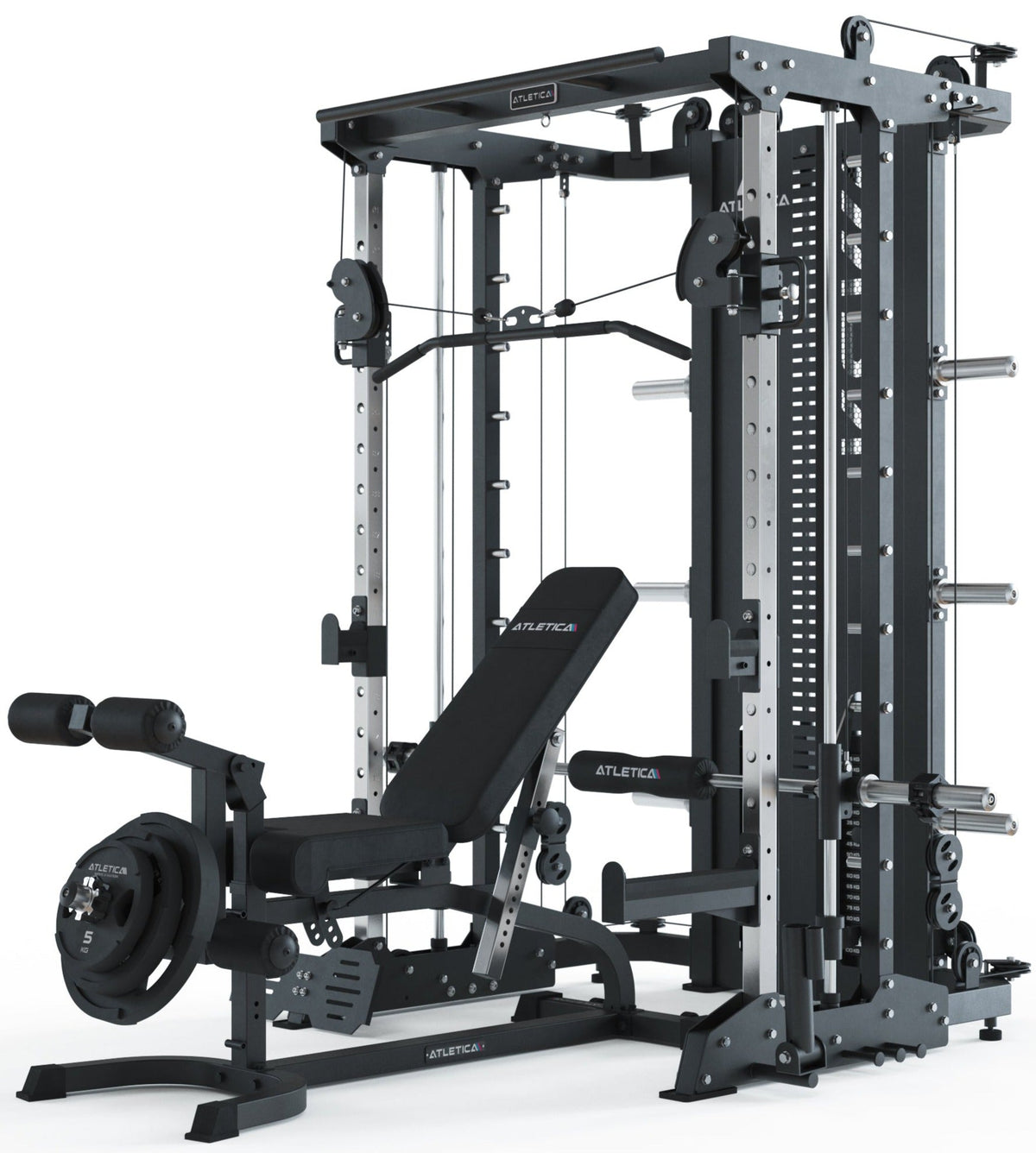 Atletica KSK all-in-one trainer with bench and leg attachment, angled left view, close framing