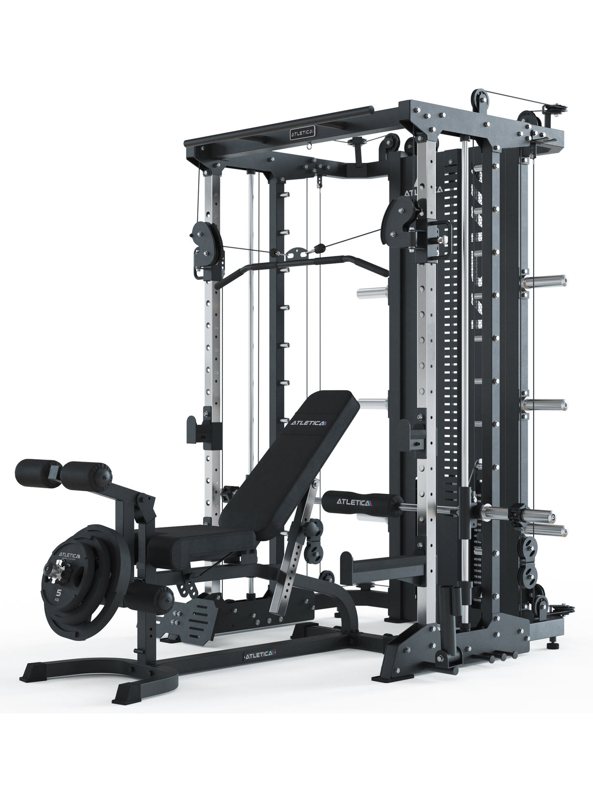 Atletica KSK all-in-one trainer with bench and plate-loaded leg extension, angled view