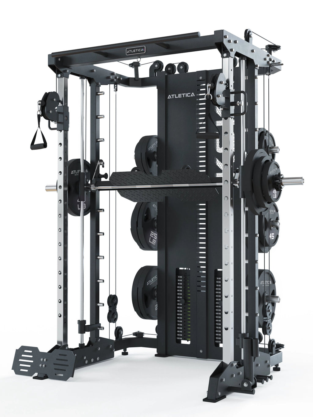 KSK Smith Machine in black with loaded weight plates, cable pulleys, D-handle and chrome guide rods, front angle