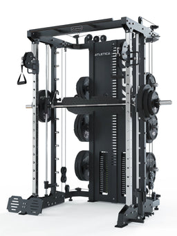 KSK Smith Machine in black with loaded weight plates, cable pulleys, D-handle and chrome guide rods, front angle