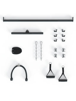 Compact Set - various cable attachments, carabiners, chains, hooks, cable, handles