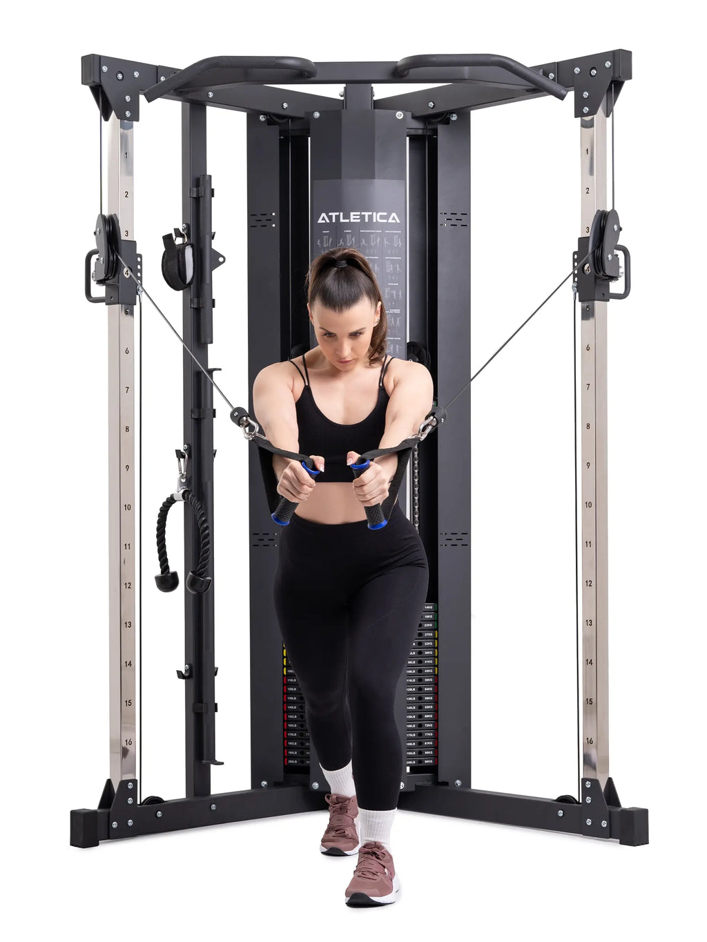Range Set with X-Five High Functional Trainer and B4 Weight Bench - woman performing a cable pulley exercise