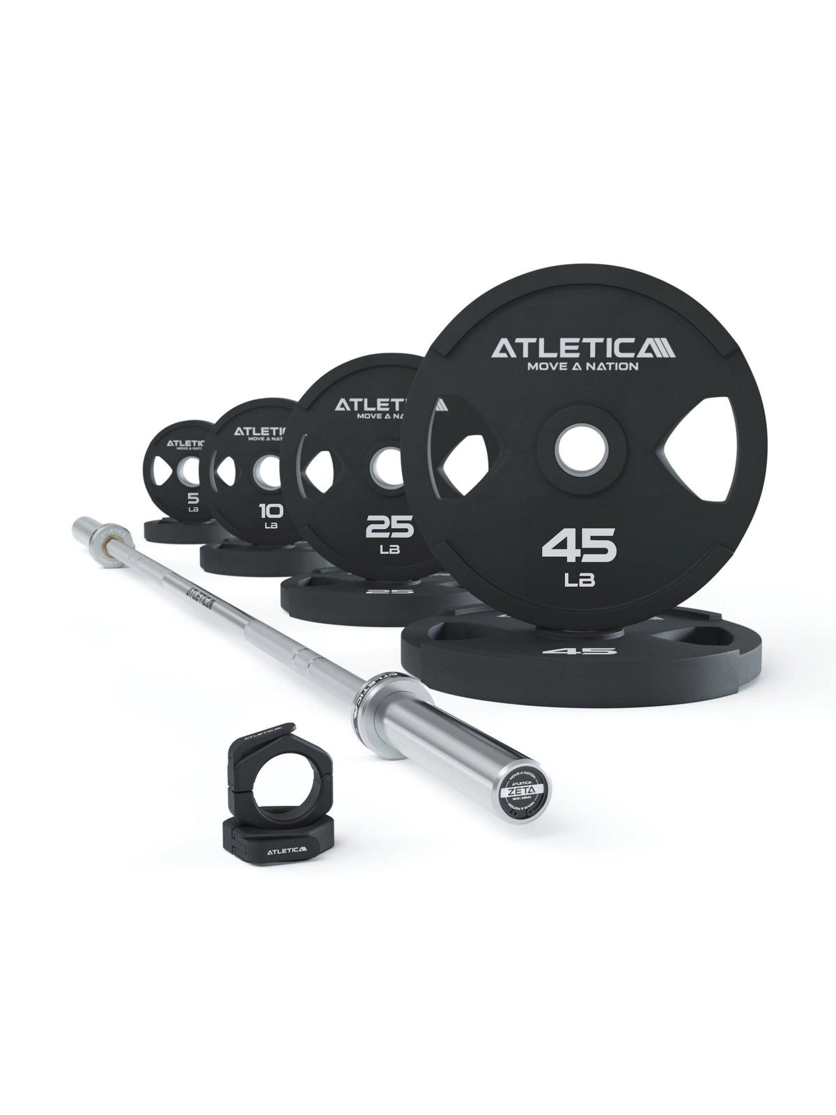 Atletica Barbell Set Zeta Space with weight plates 5 lb 10 lb 25 lb 45 lb and barbell with quick-release collars