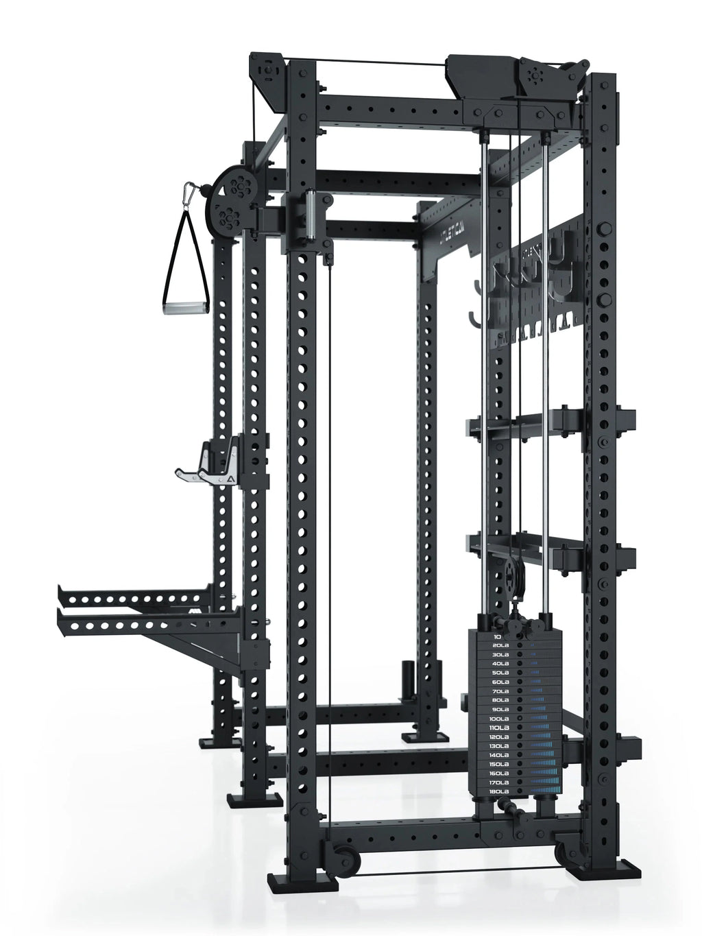 R8 Falcon R - Black power rack with cable pulley, weight plate rest, pull-up bar