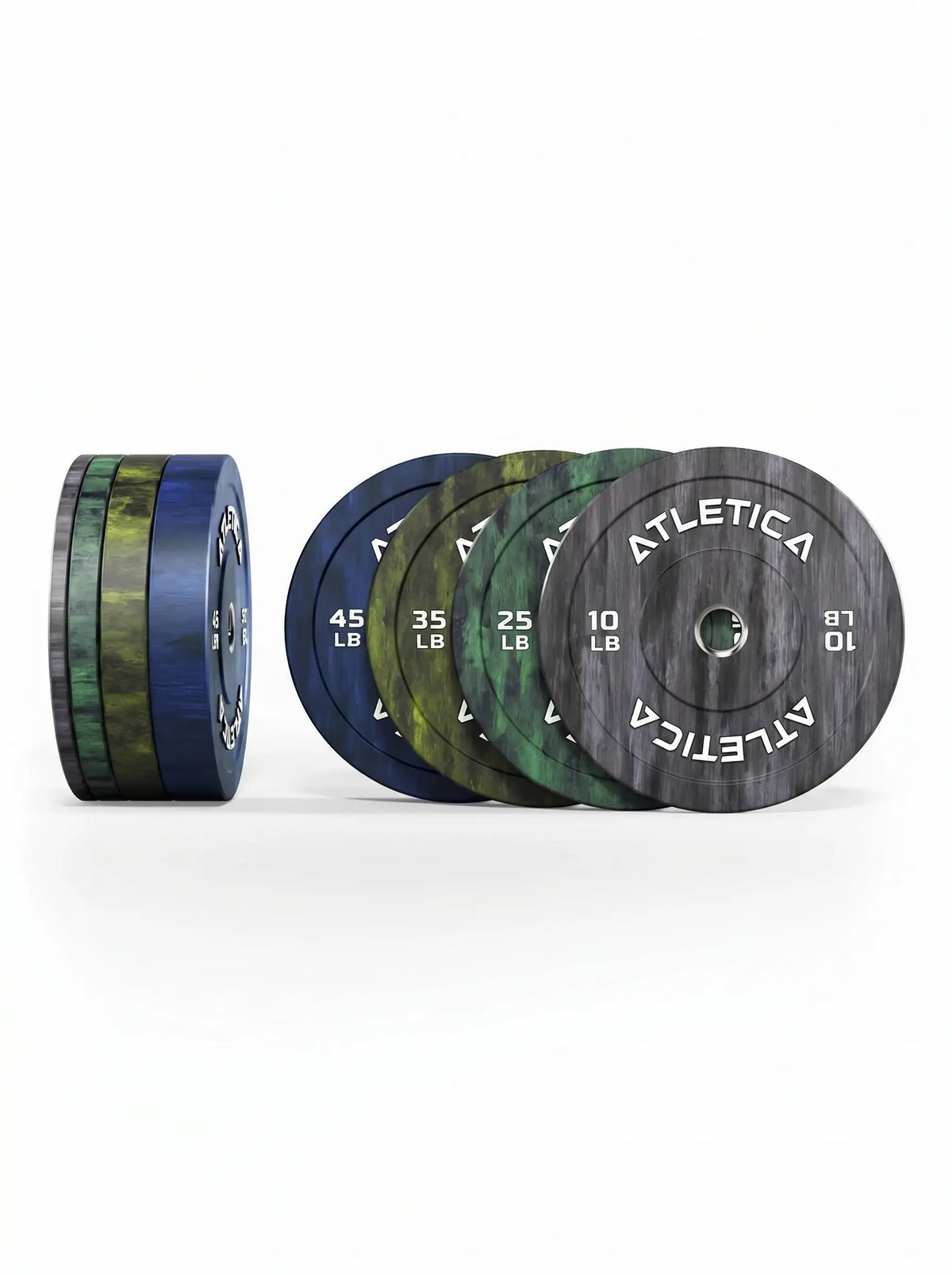 Fusion Bumper Plates 230 lb Set - Weight plates, weights 10-45 lb, lined up next to each other