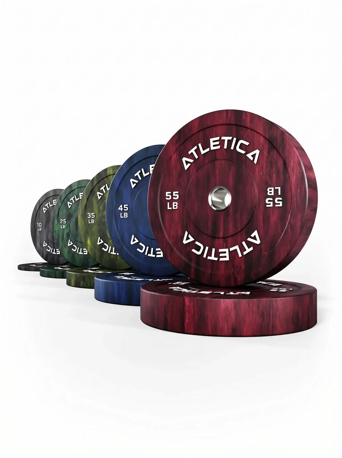 Atletica Fusion Bumper Plates 330 lb Set - colorful Weight Plates in a row, weights 10-55 lb