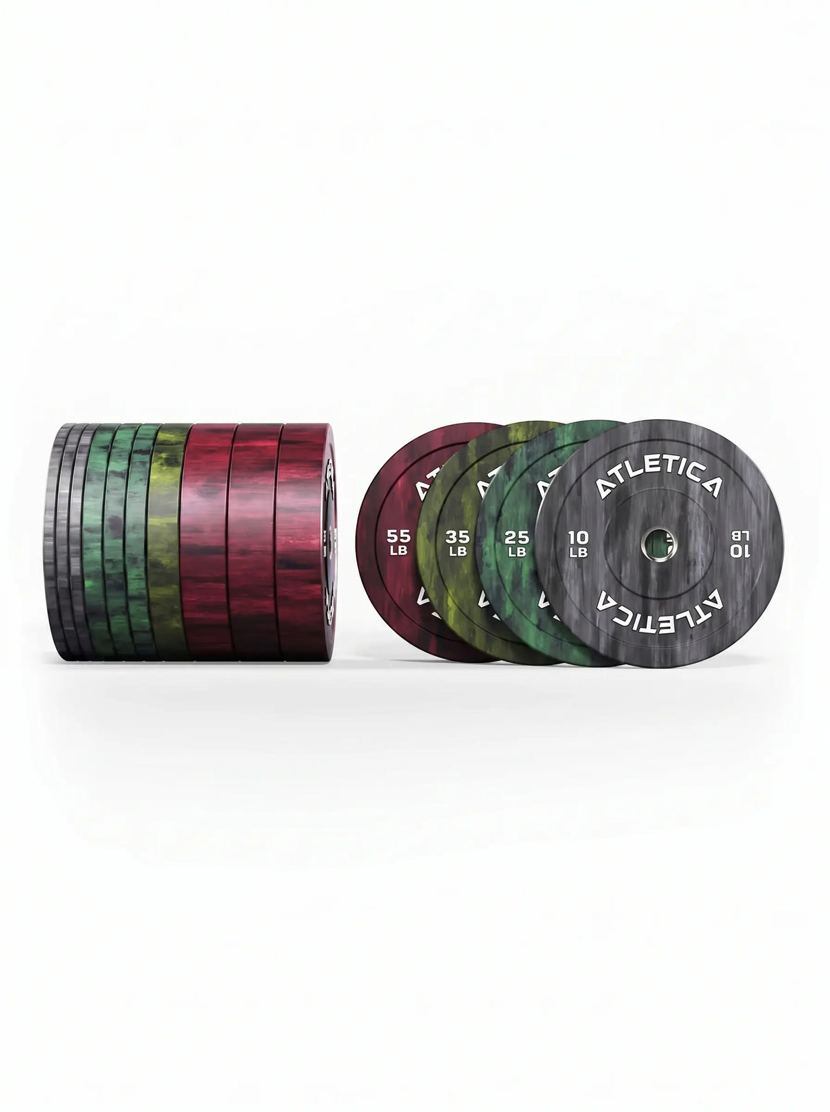 Fusion Bumper Plates SET - colorful weight plates, stacked and standing upright