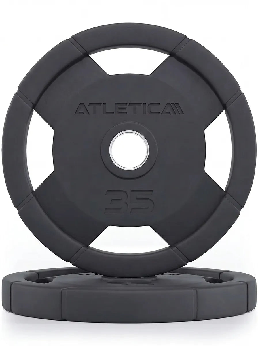 Atletica 4H grip plates pair 35 lb, one standing on one lying, front view