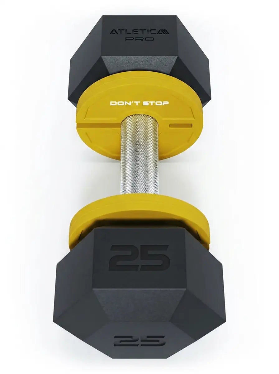 Add-on Flex Plates - 25 lb Hexagon dumbbell with yellow flex plates, made of solid rubber