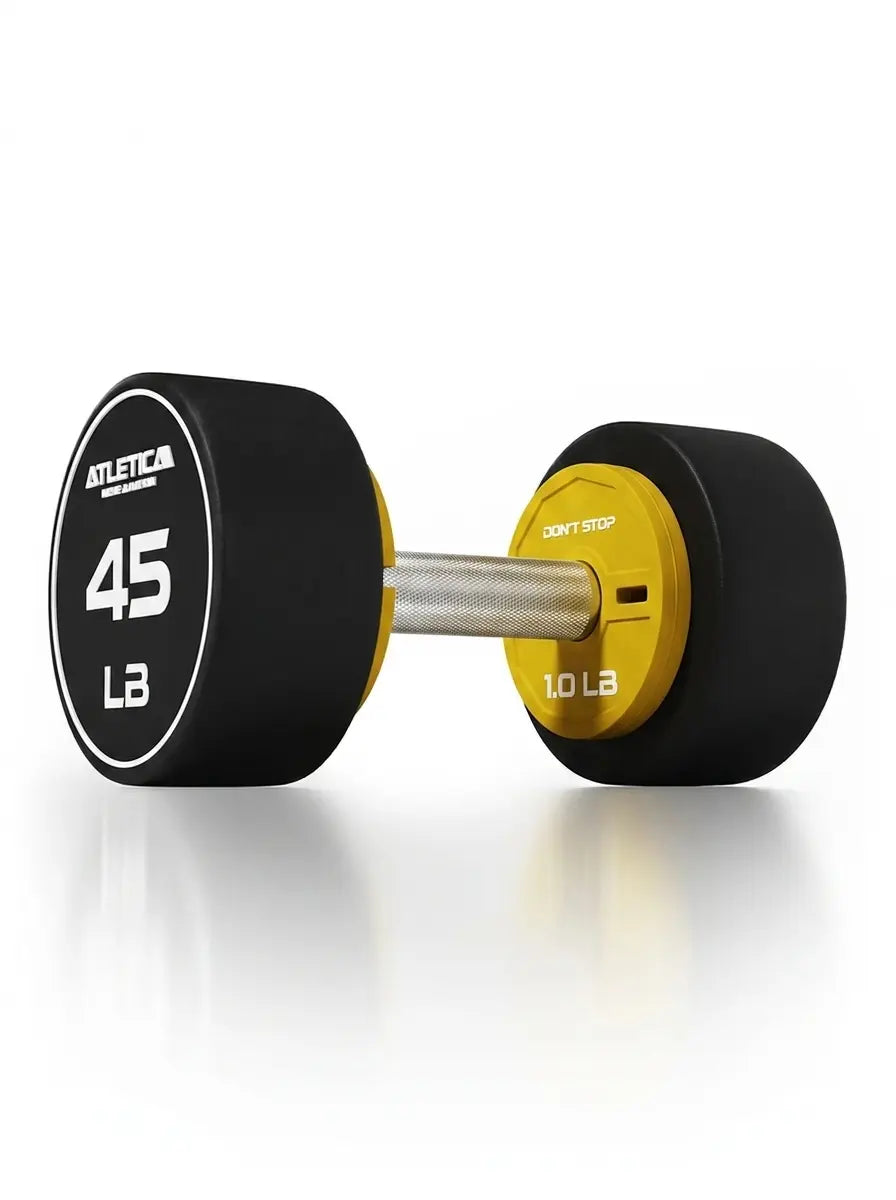 Add-on Flex Plates - Round Dumbbell with yellow add-on weight, silver handle, made of solid rubber