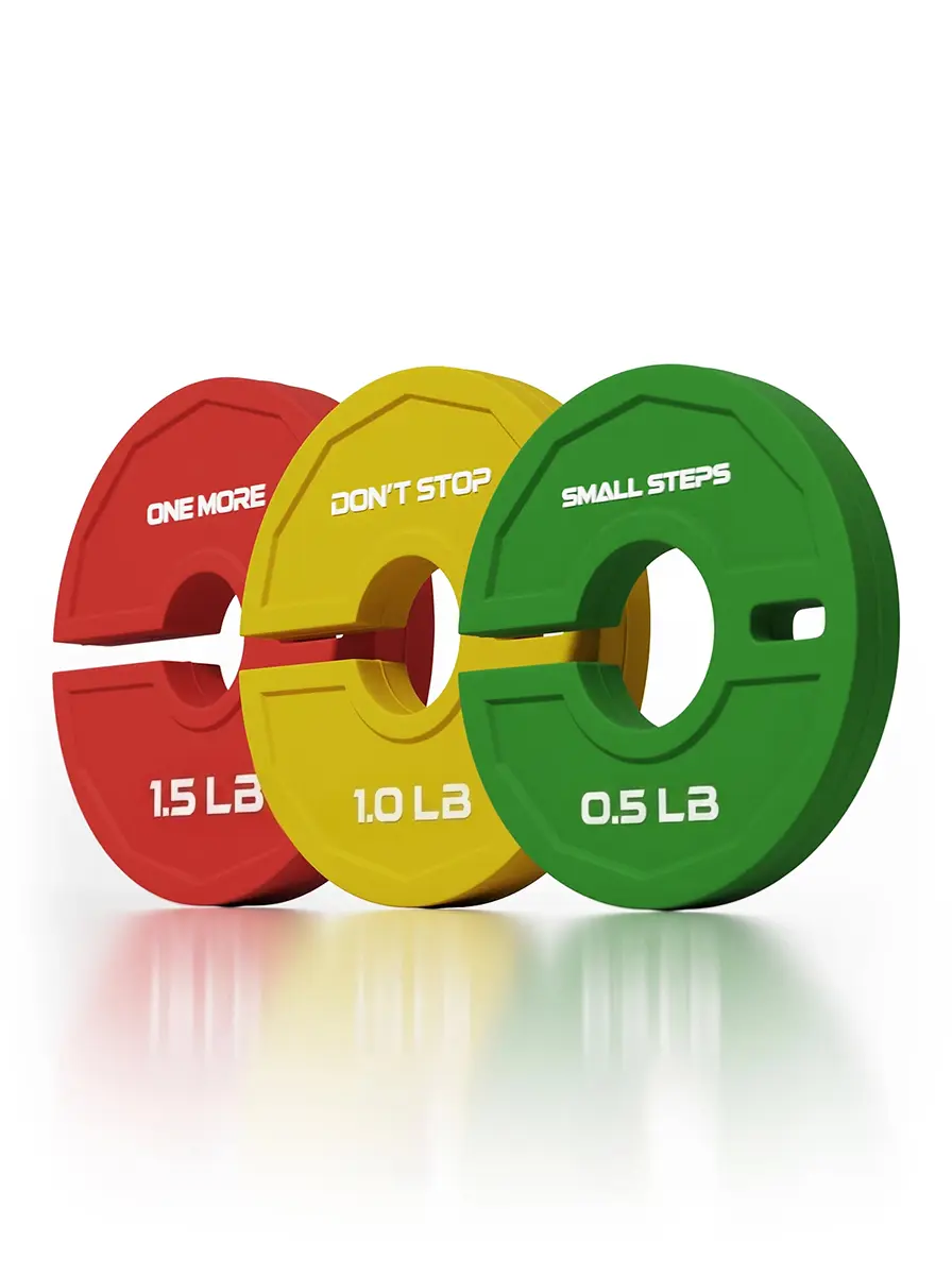 Atletica Add-on Flex Plates - weight plates, red 2 lb, yellow 1 lb, green 0.5 lb, made of solid rubber