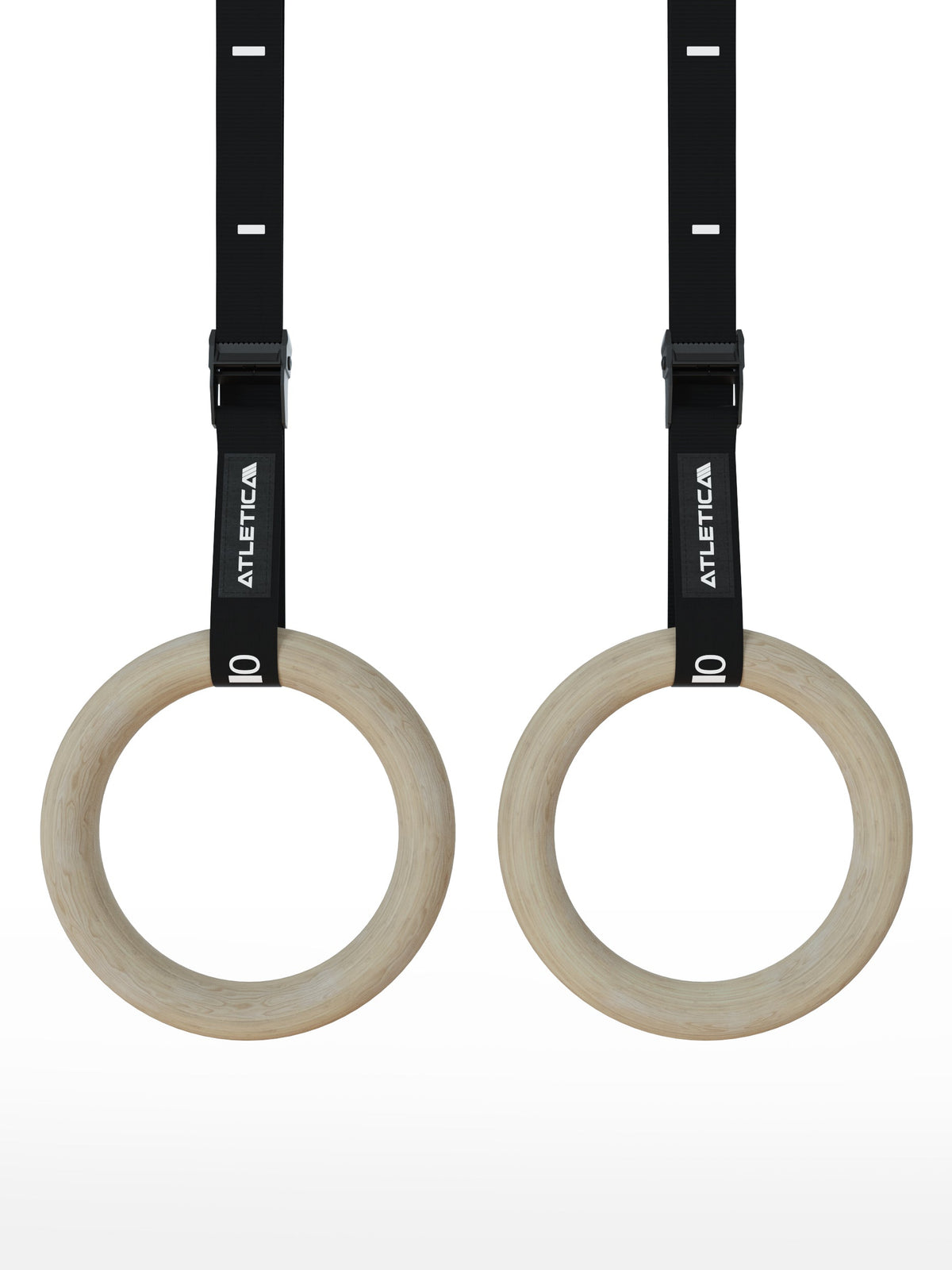 Atletica wooden gymnastics rings - two wooden gymnastics rings on black nylon straps, for strength training