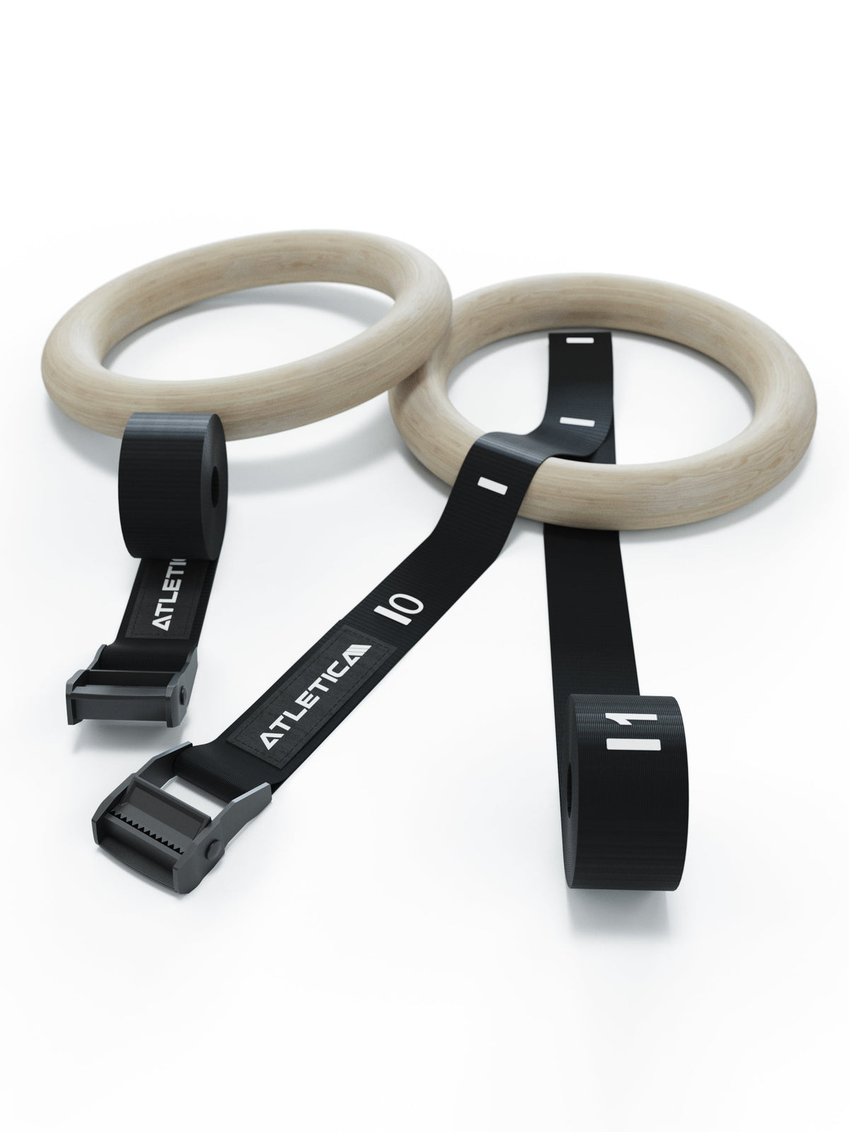 Wooden Gymnastic Rings - two gymnastic rings with black nylon straps, buckles
