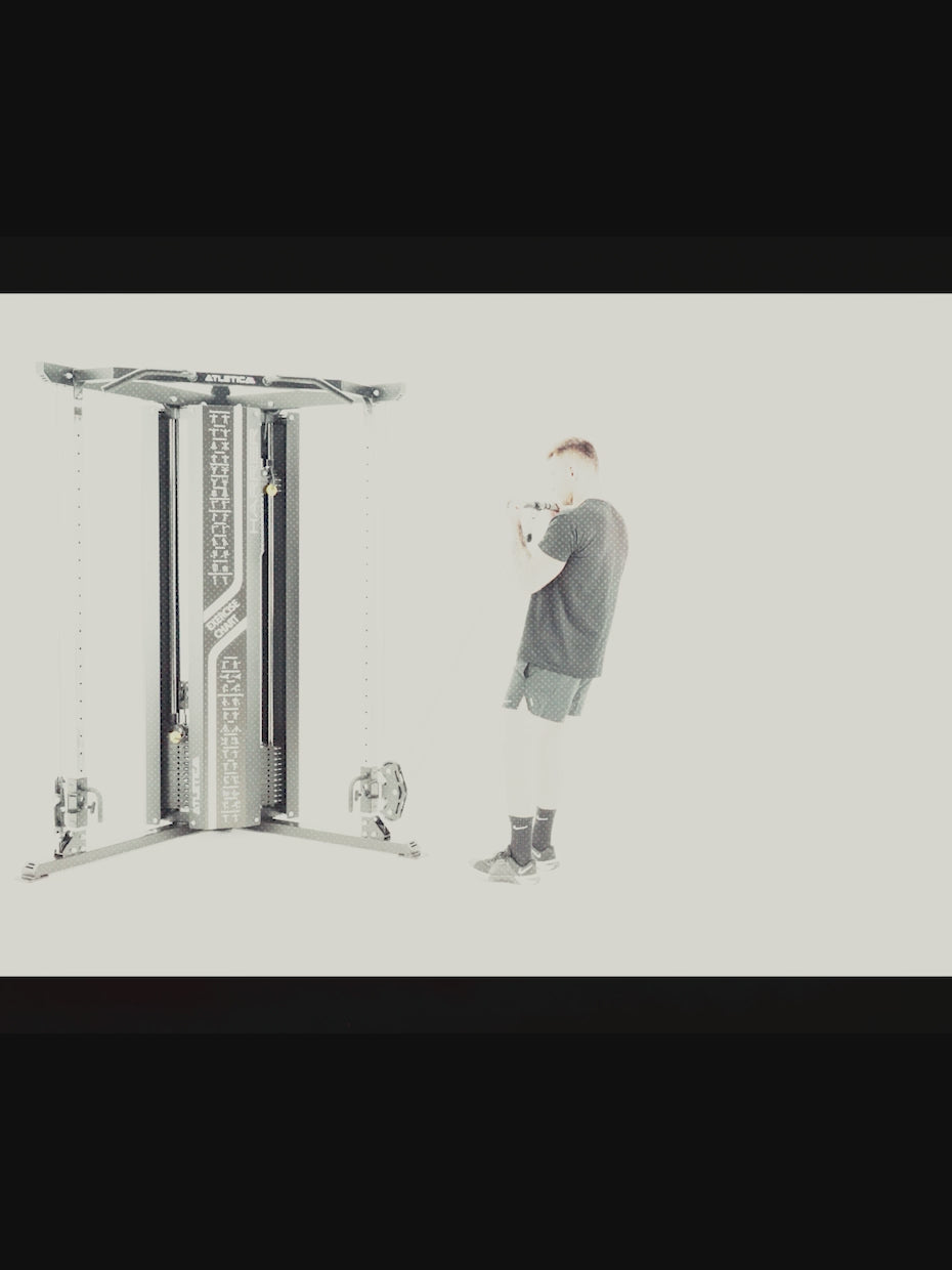 Man doing cable rows, curls and triceps pushdowns on the Atletica Harrier functional trainer