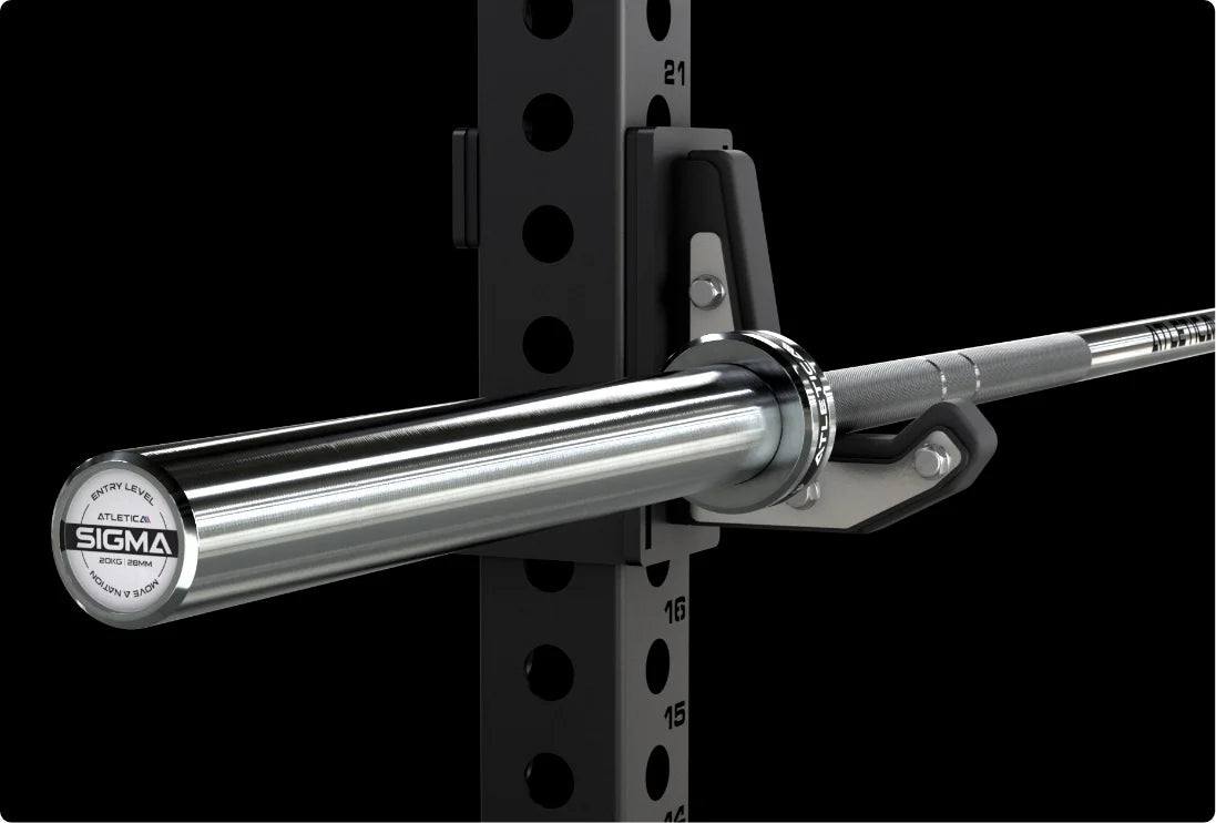 Hantelstange Sigma: 2200 mm Länge, 20 kg Gewicht und bis zu 500 kg Belastbarkeit und einem Griffdurchmesser von 28 mm